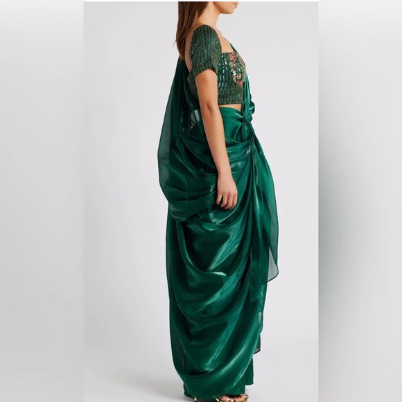 Sani Adya Drape Saree - Emerald size XS retail $598.00 new Indian Wedding Lengha - Picture 2 of 8